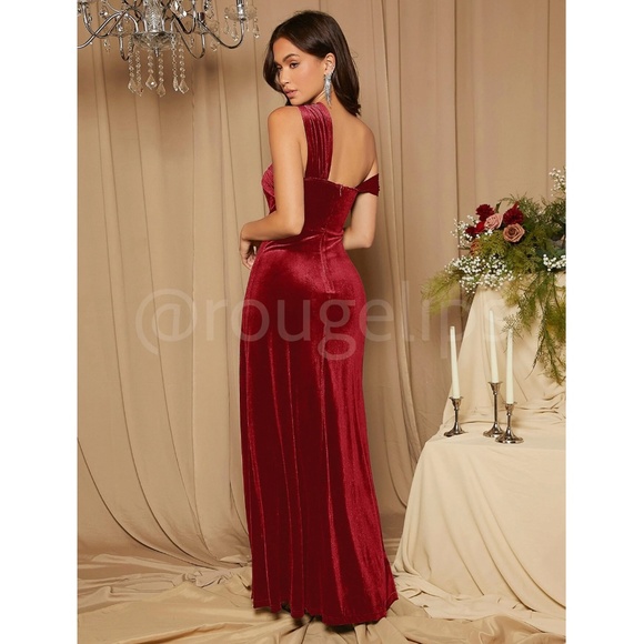 Burgundy Velvet Asymmetric Shoulder Maxi Dress High Leg Slit - Picture 3 of 6